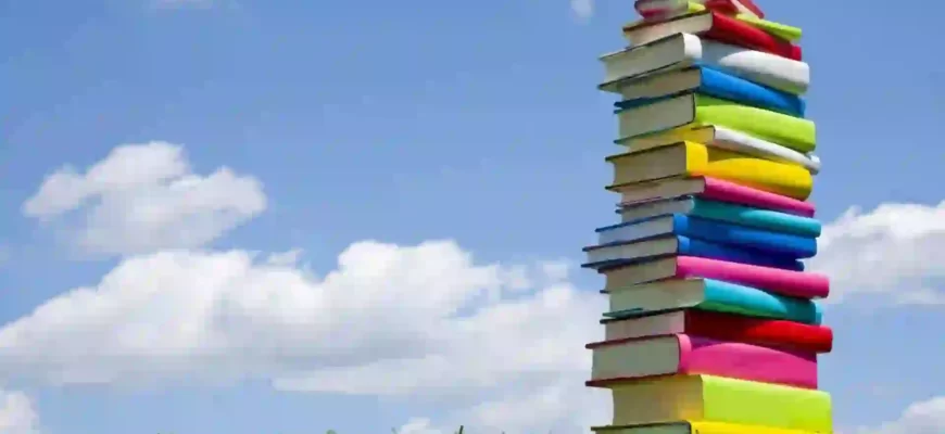 Книги на лужайке на фоне синего неба с облаками